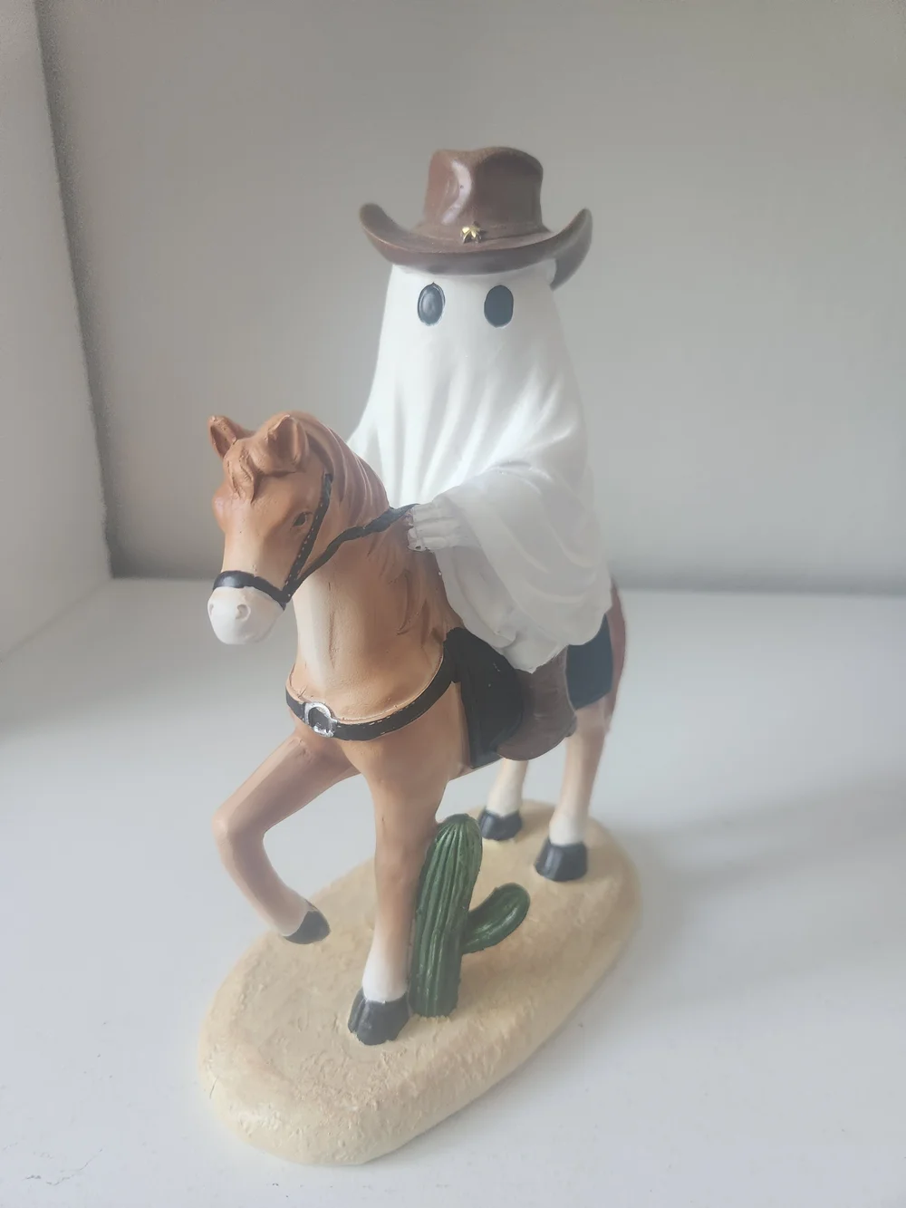 Ghost Cowboy Riding A Horse Figurine - White and Brown Western Decor Resin